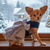 Black Velvet Dog Dress with Gray Snowflake Skirt
