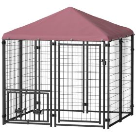 Welded Wire Outdoor Dog Kennel With 360 Rotating & 4 Levels Adjustable Bowls, Waterproof Cover, 4.6 X 4.6 X 5 (Option: Black)