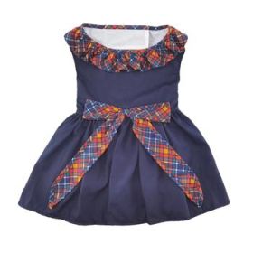Navy Dog Dress with Plaid Ruffles (Option: X-Small)